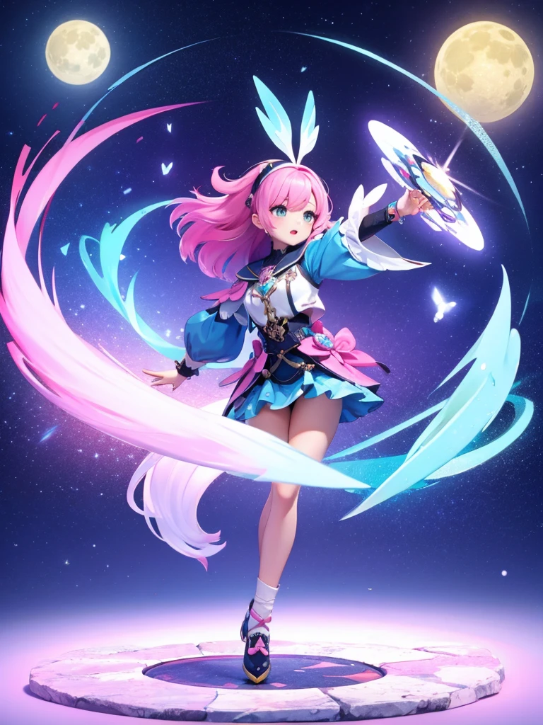 Seizo Watase style, Simple Line Initialism,Abstract art, 3d character, colorful hearts ,(((The most beautiful girl of all time))), (full body 1.2), only girl, long hair, bufferfly and sky background, 25 year old, full body, (((8k))), (((3d)), blue and pink hair, moon, dancing in ice
