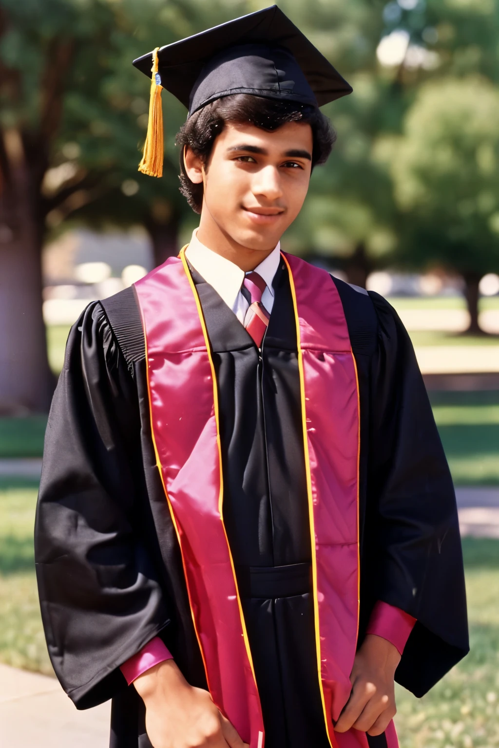 Fremont, California, 1983. A young ((((20-year-old)) Amir)), graduation outfit, black cap and gown, ((((clothings from the 1980s)))), ((short hairstyle of the 1980s)), ((colorful))