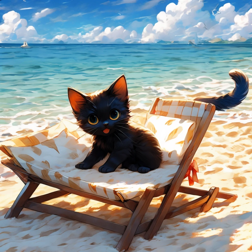 Black cat kitten、Ride along white sand beaches