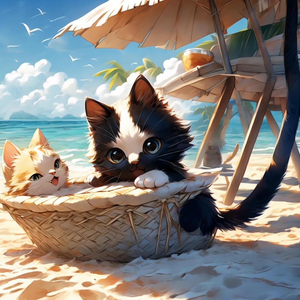 Black cat kitten、Ride along white sand beaches