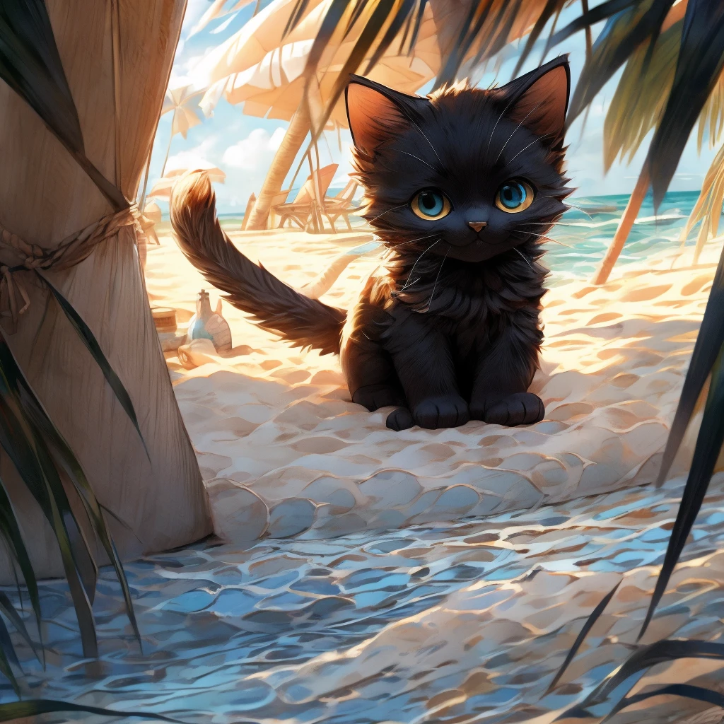 Black cat kitten、Ride along white sand beaches
