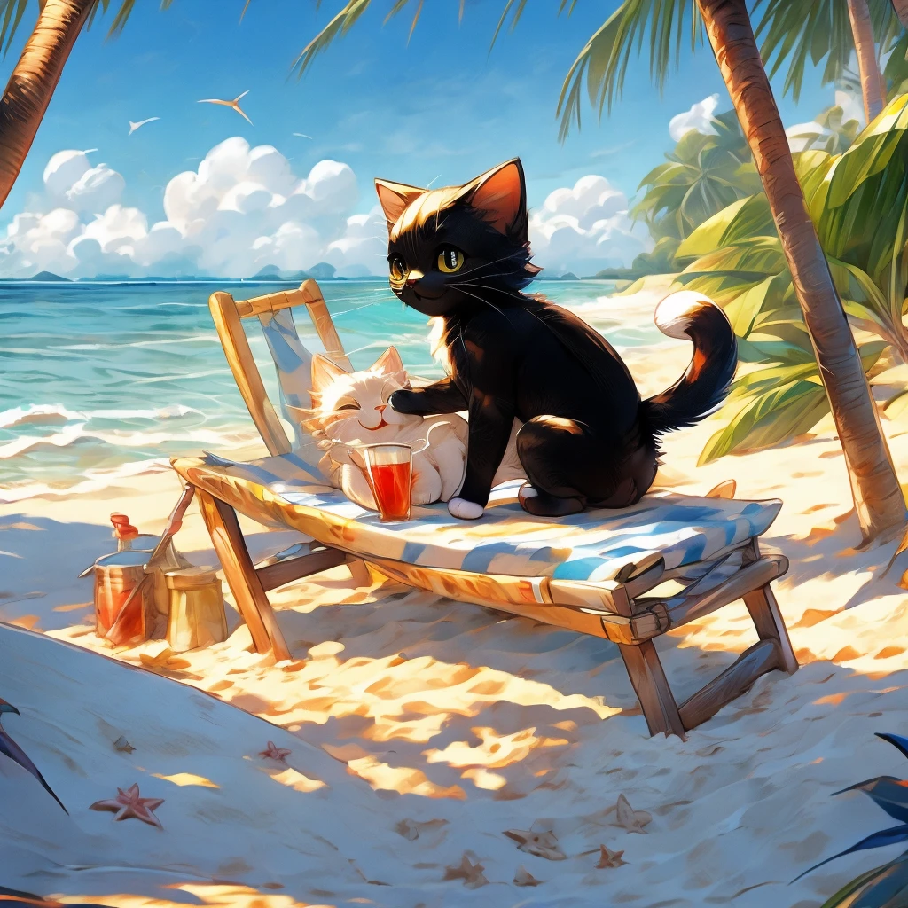 Black cat kitten、Ride along white sand beaches