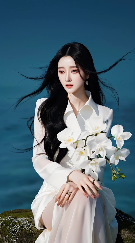 arafed woman with long black hair sitting on a rock with flowers, jingna zhang, beautiful south korean woman, fan bingbing, portrait of female korean idol, inspired by Sim Sa-jeong, digital art of an elegant, inspired by Yun Du-seo, by Tang Sin Yun Sandara, korean woman, korean artist, jinyoung shin art, inspired by Huang Ji