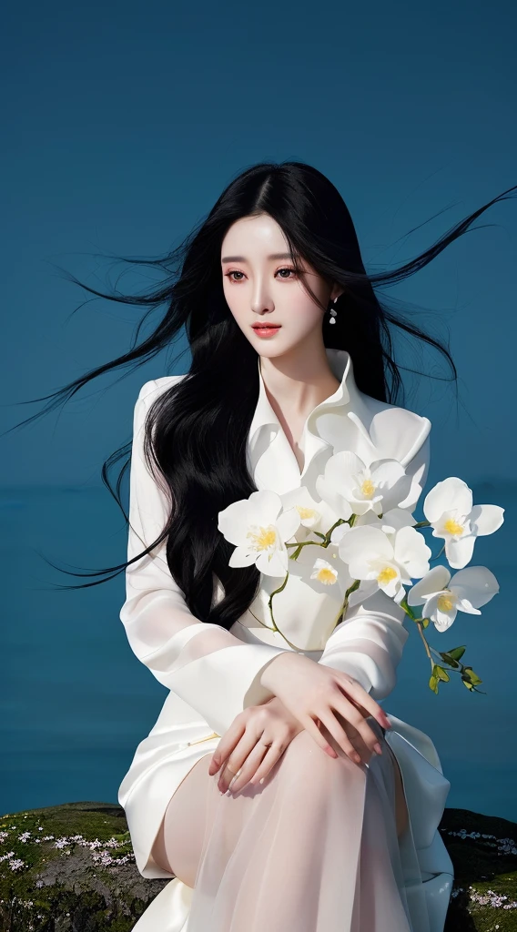arafed woman with long black hair sitting on a rock with flowers, jingna zhang, beautiful south korean woman, fan bingbing, portrait of female korean idol, inspired by Sim Sa-jeong, digital art of an elegant, inspired by Yun Du-seo, by Tang Sin Yun Sandara, korean woman, korean artist, jinyoung shin art, inspired by Huang Ji