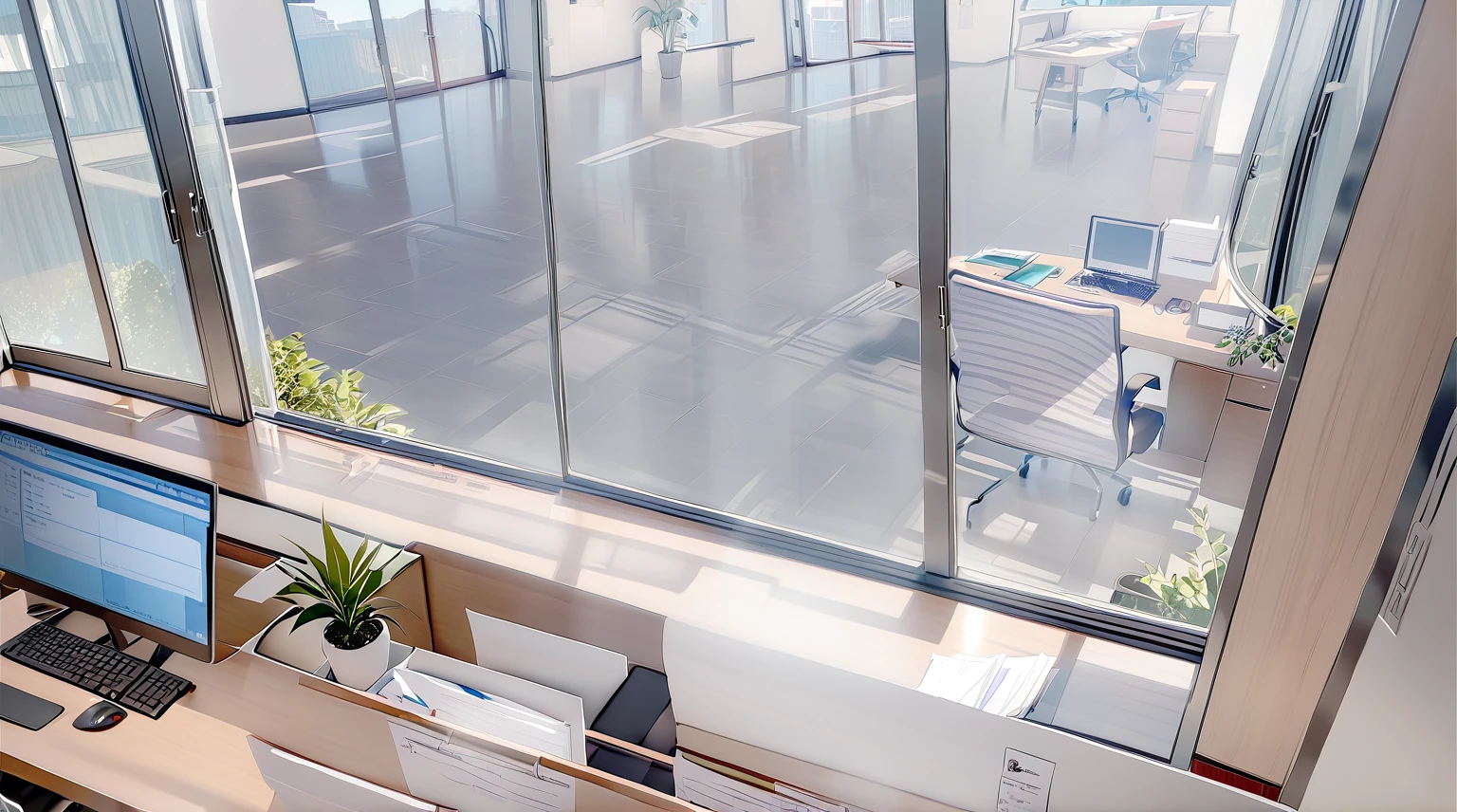 ((best quality)), ((masterpiece)), (detailed), office, president's office, floor-to-ceiling windows, top-down view scene,Potted plants,There is a computer and documents on the desk