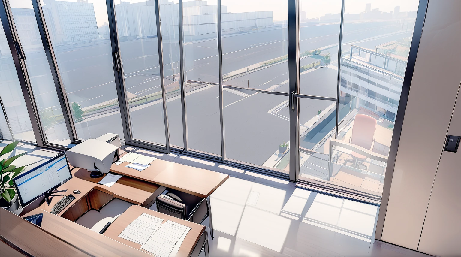 ((best quality)), ((masterpiece)), (detailed), office, president's office, floor-to-ceiling windows, top-down view scene,Potted plants,There is a computer and documents on the desk