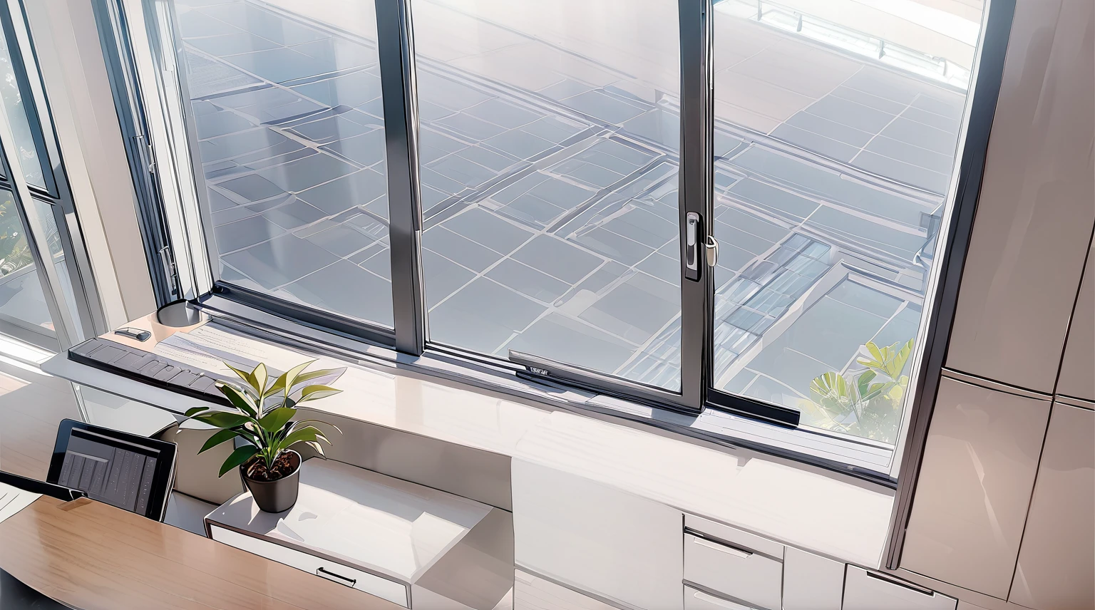 ((best quality)), ((masterpiece)), (detailed), office, president's office, floor-to-ceiling windows, top-down view scene,Potted plants,There is a computer and documents on the desk
