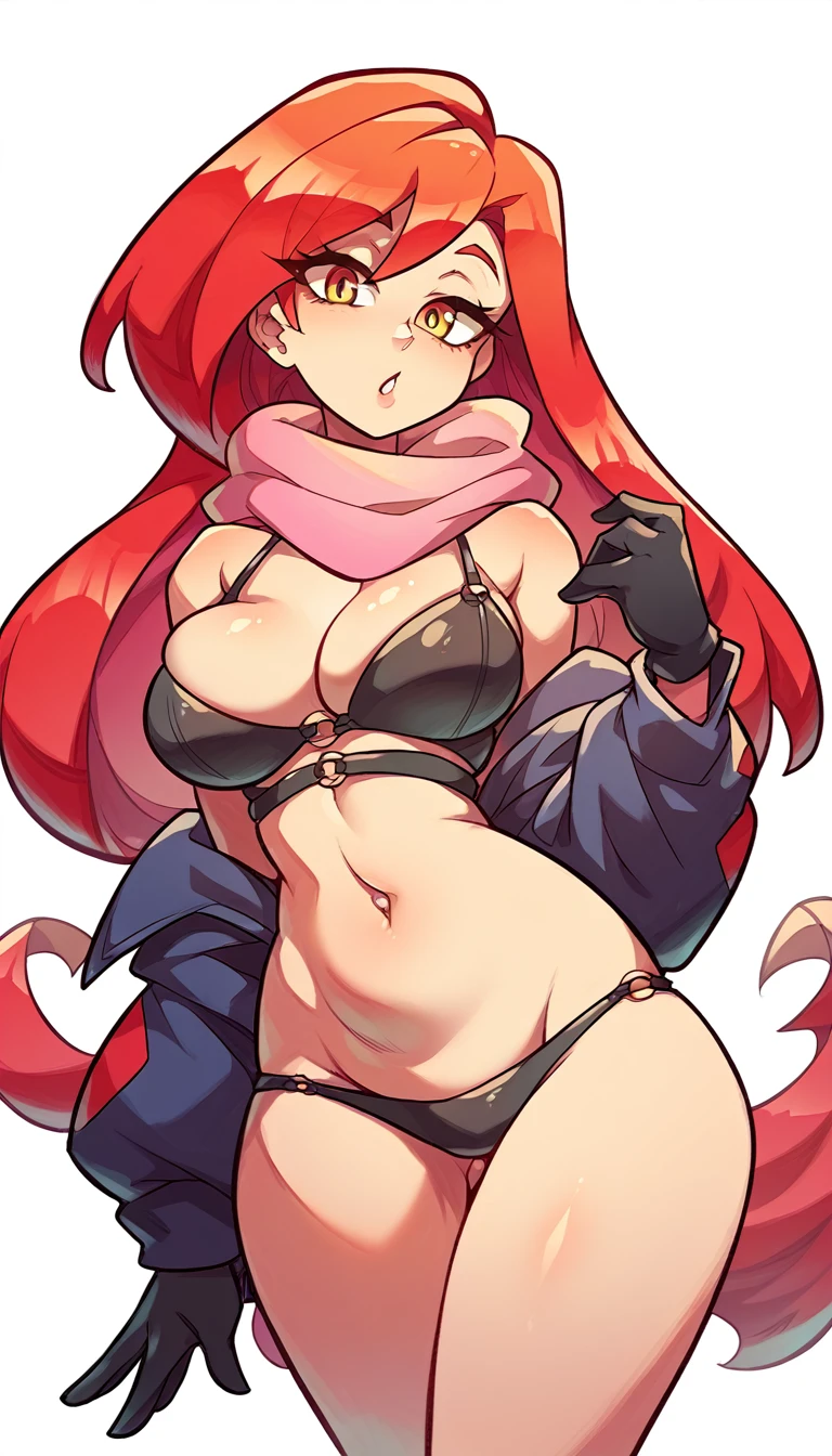 a girl princess tall sexy big breast pretty beauty attractive long red hair round her yellow eye shine pink scarf wide neck dresses beautiful black bra shape red flames shows navel curve wide sexy and a black thong thighs sensual wears black boot big long military black gloves