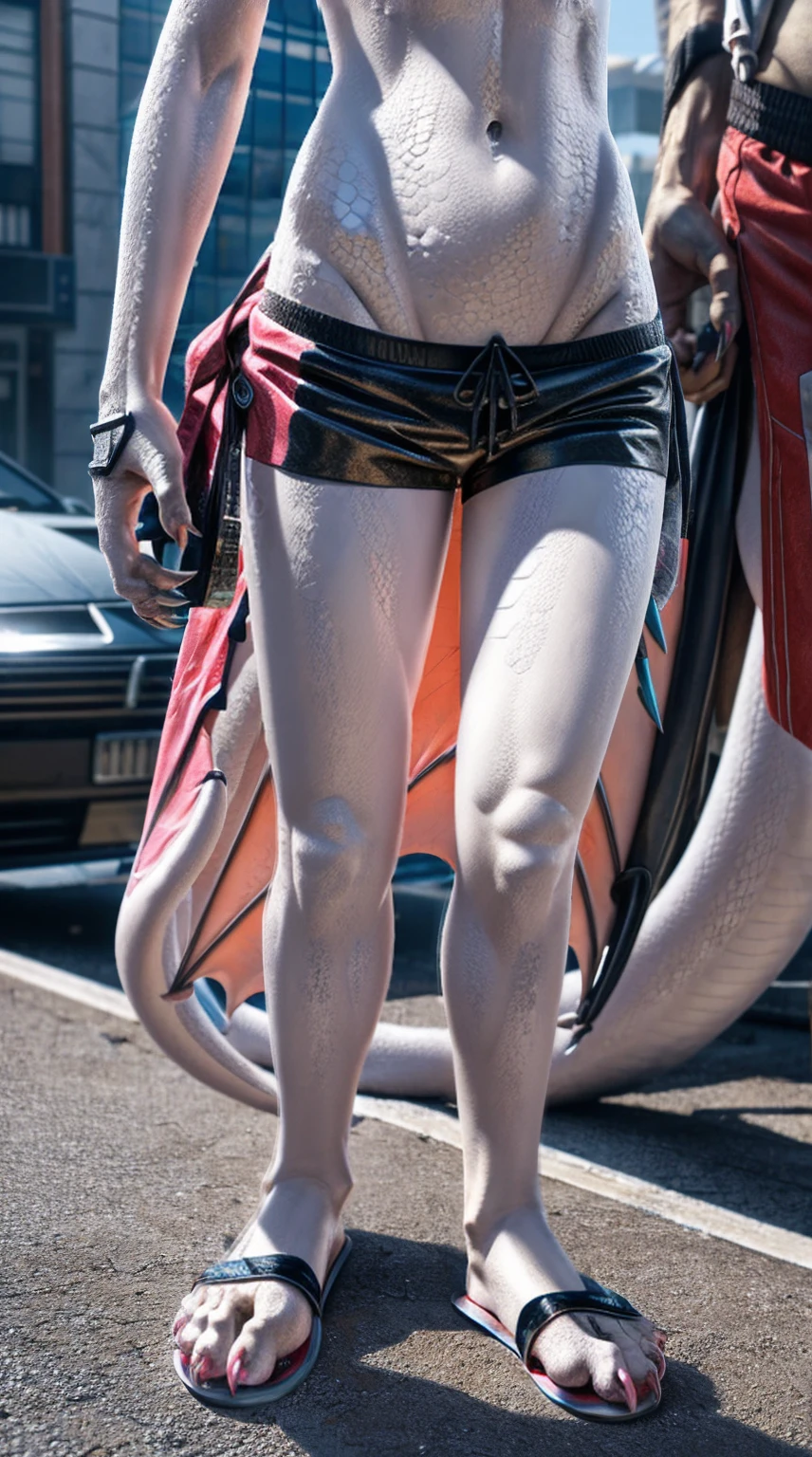 Standing on the extremely hot street,Wearing swimming trunks,Chest gemstones,Skinny girl(),Cyberpunk dragons,Pinkish white scales,Perfect fingers,Feet are clawed and wear black plastic sandals,Detailed and true,High Detail,high quality,High-resolution photos,Real and perfect eyes,Detailed paw,Real and detailed scales,Claws,clear visual artwork,Five finger hand,Top quality,32k,Ultra high quality,Hot weather,Hot expression,Digital Media Art:Close-up of claws and toes,