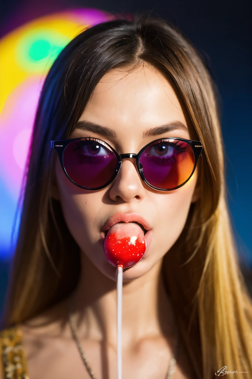 (masterpiece, best quality:1.2), 1girl, solo, high quality raw photograph of a young girl, licking a red lollipop,  tongue out, vibrant neon colors, cool sunglasses, silhouette, looking at viewer, lofi, UHD, accurate, textured skin, super detail, high details, high quality, highres, 1080P, 4K