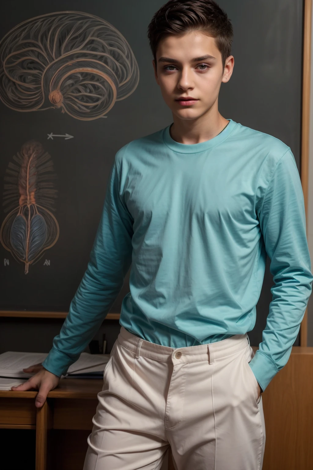 A beautiful young man, a cute male twink, with black hair, a face with reddish make-up, wearing a bright white long-sleeved shirt and aqua blue pants. He is in his office, and behind him is a blackboard on which is written the shape of the brain and its anatomy, and nuclear energy comes out of it.