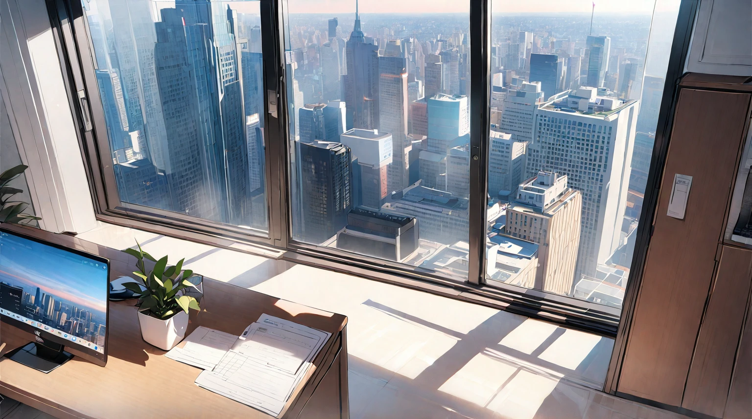 ((best quality)), ((masterpiece)), (detailed), office, president's office, floor-to-ceiling windows, top-down view scene,Potted plants,There is a computer and documents on the desk