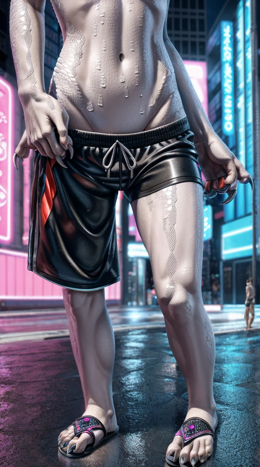 Standing on the extremely hot street，Wearing swimming trunks，Chest gemstones，Skinny girl（），Cyberpunk dragons，Pinkish white scales，Perfect fingers，Feet are clawed and wear black plastic sandals，Detailed and true，High Detail，high quality，High-resolution photos，Real and perfect eyes，Detailed paw，Real and detailed scales，Claws，clear visual artwork，Five finger hand，Top quality，32k，Ultra high quality，Hot weather，Hot expression，CG Art：Close-up of claws and toes，