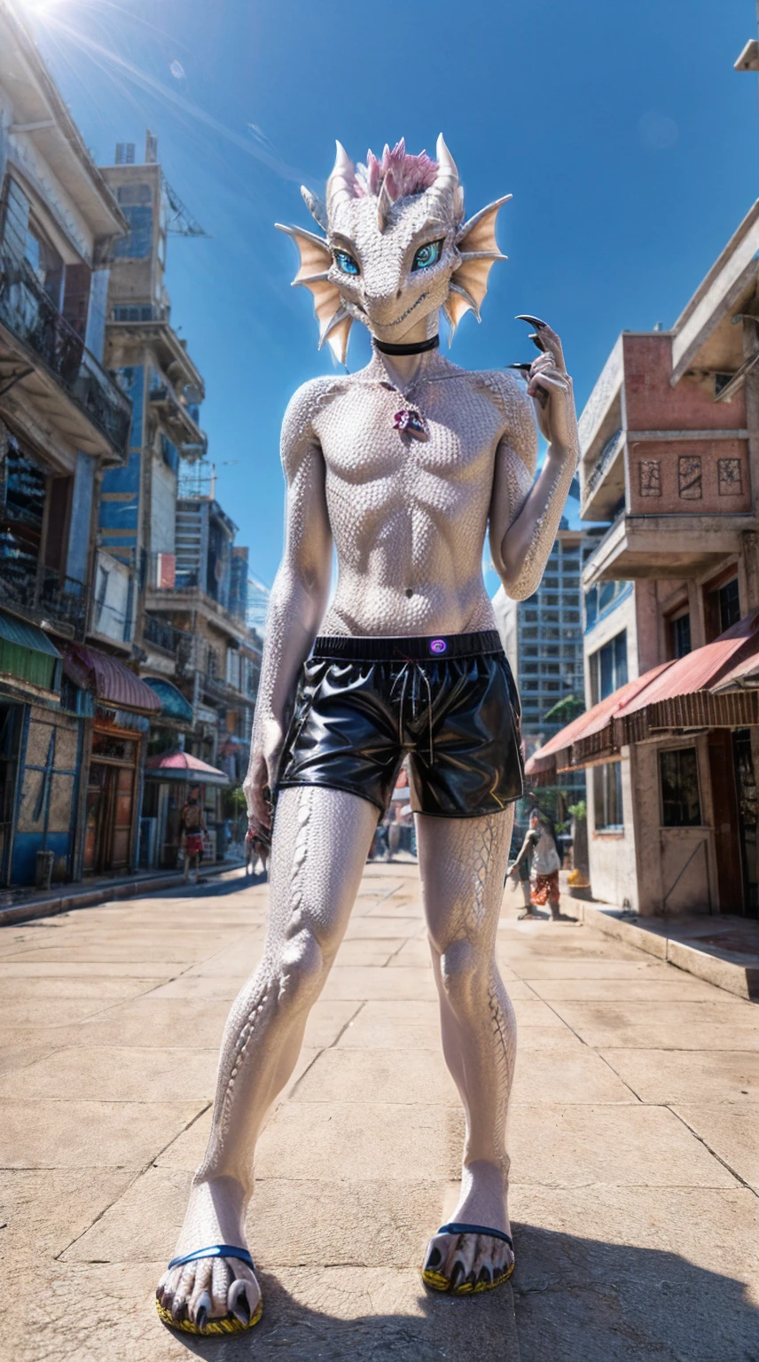 Standing on the extremely hot street,Wearing swimming trunks,Chest gemstones,Skinny girl(10 years old),Cyberpunk dragons,Pinkish white scales,Perfect fingers,Feet are clawed and wear black plastic sandals,Detailed and true,High Detail,high quality,High-resolution photos,Real and perfect eyes,Detailed paw,Real and detailed scales,Claws,clear visual artwork,Five finger hand,Top quality,32k,Ultra high quality,Hot weather,Hot expression,Digital Media Art:Close-up of claws and toes,