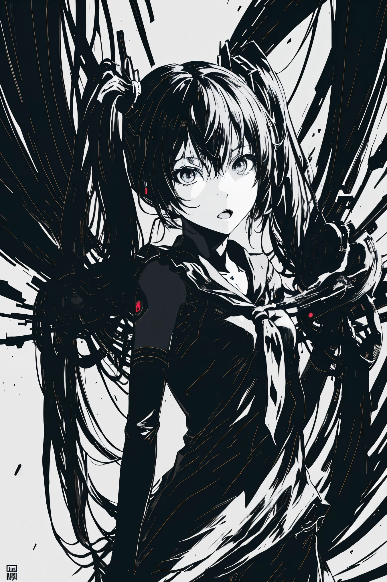 Hatsune Miku、Black Hair、v5lcn style,Ink Art,(highest quality,Tabletop:1.2),(Black and white comic core:1.1),(extremely high contrast),Dark ink,One Girl,Shadow on face、8K,solve,high school girl,Sailor Suit,