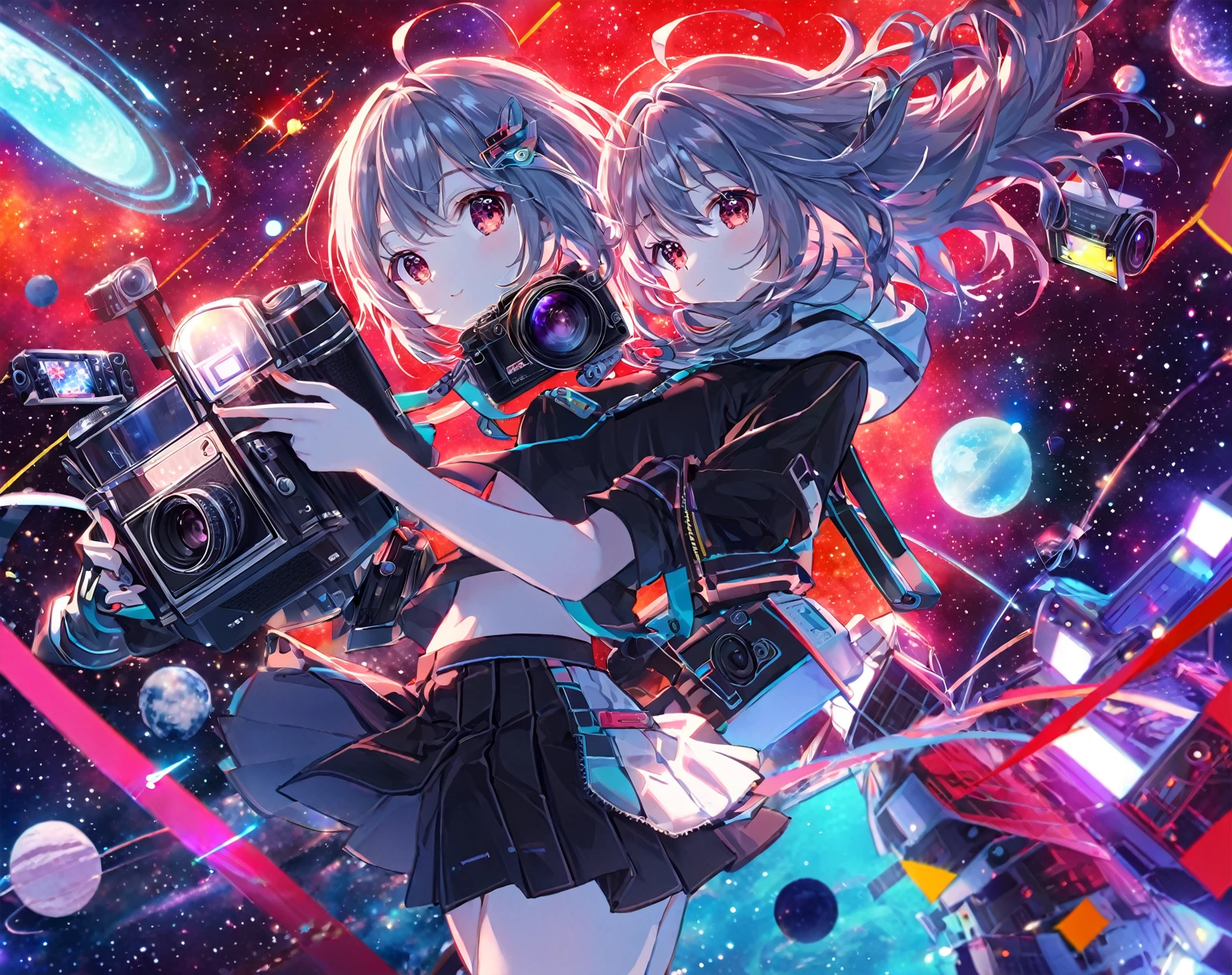 girl in a short skirt, one, волосы Twin-Tail, hair color red black, 3D wallpaper in high quality, neon space in the background, camera front view.