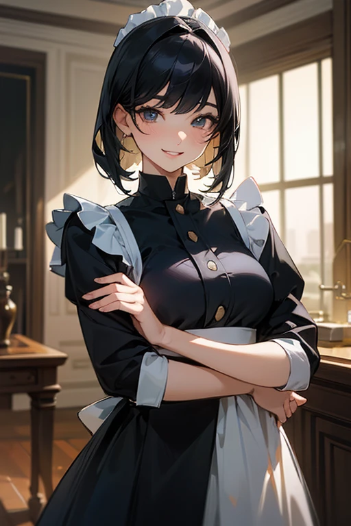 (Highest Resolution, clear_image) Highest quality, One woman, alone, masterpiece, Very detailed, Semi-realistic, Black Hairのショートヘア, Black Hair, bangs, 18-year-old, mature, light blue uniform, uniform, Indoor Background, kind, Authoritative, Powerful, exquisite features, exquisite features、Eyelashes become longer、Showing teeth、smile😀、Maid clothes、woman'Fingers in the、Sleeping on the sofa、Long Hair、Fluttering in the wind、Navy blue clothes、Long Hair、I'Carrying the plate、Long Hair、Laugh gently、Braiding、