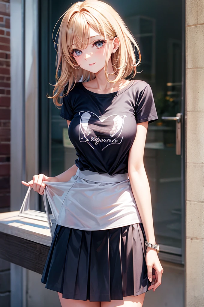 1 woman, beautiful hair, bright Eyes, , very short skirt, vaginasparent t-shirt