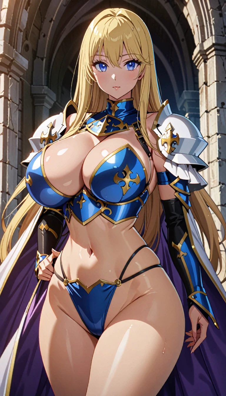 ((masterpiece)), ((high quality)), ((super detailed)), ((high resolution)) ,((8k)), a beautiful woman, ((She is one of the most famous female holy knight)), unparalleled beauty, (()), ((large )), ((deep cleavage)), slim waist,  out, ultra detailed face, perfect skin, (((long blonde straight hair))), blue eyes,  detailed eyes, whole body image, (((anime))), ((glamorous)), 21 years old, ((incredibly beautiful woman)), ((The I cup bust)),  (((( armor)))),  ((beautiful )), beautiful legs, 8 life size, anime, the most beautiful and strongest, ((charm)), ((Grown-up face)), ((Perfect fingers)), ((Bewitching)), ((A young heroine)), ((((from below)))),