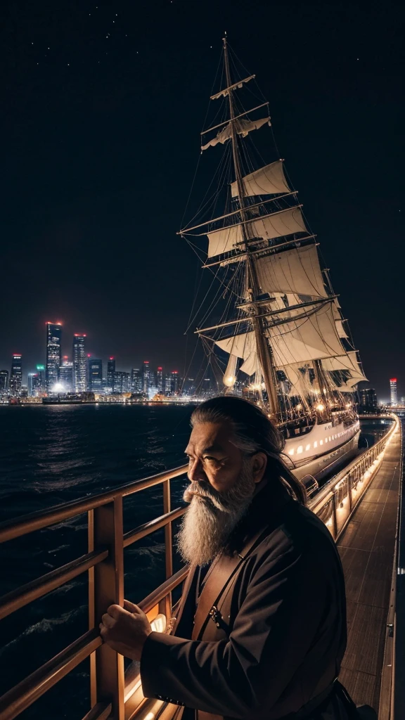プロンプト: The ship sailing towards the illuminated Tokyo skyline, a sense of purpose and impending battle hangs in the air. Nurarihyon at the helm, his white beard flowing in the wind, holds a closed folding fan in one hand, his expression a mix of wisdom and determination. High resolution, 9:16 aspect ratio.