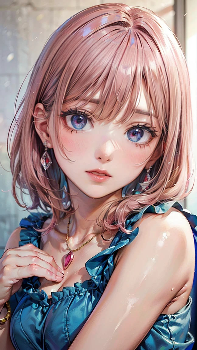 (Masterpiece, BestQuality:1.3), (ultra detailed:1.2), (hyperrealistic:1.3), (RAW photo:1.2), High detail RAW color photo, professional photograph, (Photorealistic:1.4), (realistic:1.4), (Pink Hair:1.5), professional lighting, perfect anatomy, (Big Breasts:1.2), (blush, detailed face), (A happy smile:1.7), Trending Hair&Trending Hairカラーをランダムに, earrings, necklace, bracelet, sexly, erotic sexly, Random sexy gravure poses, (A woman in a blue chiffon dress、砂浜に座りながらA happy smileでセクシーなポーズをとっている。Pink Hairのウェーブヘアが風に揺れている。:1.3)