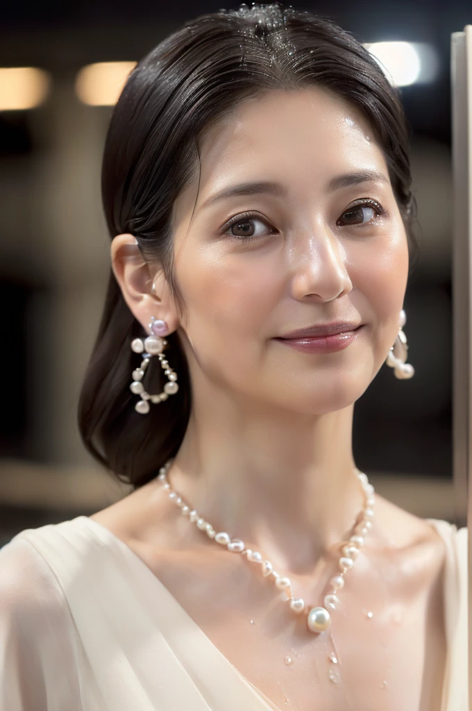 (((Very realistic front-on shots by professional photographers、A close-up American shot of an actress facing the camera, very Seductive pose, 32k, 7 heads、looking at viewer, Staring Intently :1.8))),(((A pure white, extremely thin fabric business short-sleeved open-neck shirt with a wide V-neck, Soaking wet、She is looking straight at the camera with a very shy look on her face.。light makeup、A very simple and very modest pearl necklace and small earrings.:1.4)))。((Highest quality)), ((masterpiece)), (((detailed))), (midnight ,A modern train station platform in Tokyo on a dark, pouring, stormy night, Low Key Lighting:1.6)、(((A very beautiful, extremely elegant and intelligent 39-year-old Japanese woman。Very intelligent, with a goddess-like face and figure。An extremely elegant, calm and modest smile, Being drunk、My eyes are quite watery、I'm very horny、embarrassed ,blush, Curvy Body、Extremely realistic, detailed and beautiful facial depictions:1.9)))、(((A short, well-groomed, shiny black haircut。The skin is white and very smooth。A very hot rainy summer night、I'm pretty sweaty、My clothes were soaking wet and transparent、When wet, it sticks perfectly to your skin, revealing your beautiful body lines.、Through the extremely thin fabric, her skin and her navy blue, lacy, high-end underwear are clearly visible.:1.9)))。(((A simple and elegant business pencil skirt in a plain navy blue knee-length,The clothes fit the body very well:1.8))), (Healthy Body、The line of the chest, collarbone and décolletage are extremely beautiful.:1.9)。(((large&good hips、large&nice chests )))