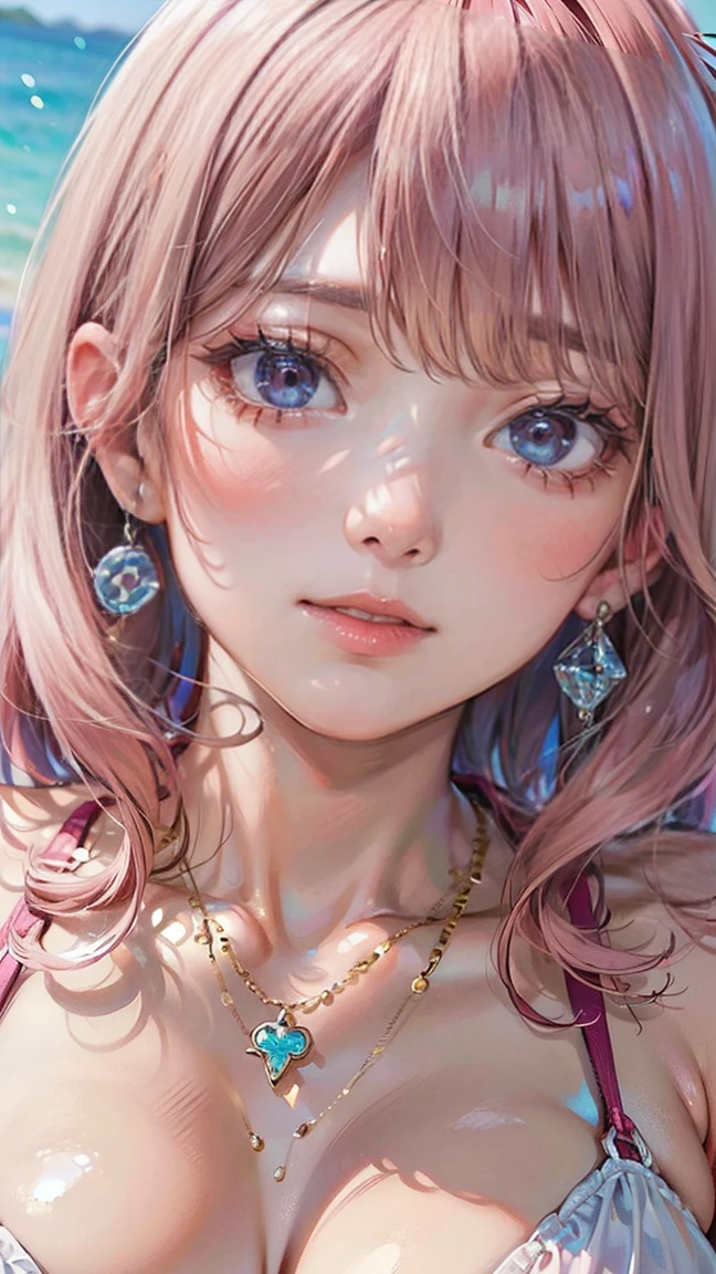 (Masterpiece, BestQuality:1.3), (ultra detailed:1.2), (hyperrealistic:1.3), (RAW photo:1.2), High detail RAW color photo, professional photograph, (Photorealistic:1.4), (realistic:1.4), (Pink Hair:1.5), professional lighting, perfect anatomy, (Big Breasts:1.2), (blush, detailed face), (A happy smile:1.7), Trending Hair&Trending Hairカラーをランダムに, earrings, necklace, bracelet, sexly, erotic sexly, Random sexy gravure poses, (A woman in a white bikini、海に足を浸しながらA happy smileでセクシーなポーズをとっている。Pink Hairのロングヘアが背中に流れている。:1.3)