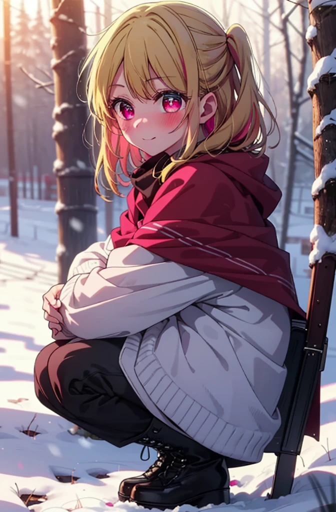 rubyhoshino, Hoshino Ruby, Long Hair, bangs, Blonde, (Pink Eyes:1.3), Side Lock, (Symbol-shaped pupil:1.5), Multicolored Hair, Two-tone hair, smile,,smile,blush,White Breath,
Open your mouth,snow,Ground bonfire, Outdoor, boots, snowing, From the side, wood, suitcase, Cape, Blurred, , forest, White handbag, nature,  Squat, Mouth closed, Cape, winter, Written boundary depth, Black shoes, red Cape break looking at viewer, Upper Body, whole body, break Outdoor, forest, nature, break (masterpiece:1.2), Highest quality, High resolution, unity 8k wallpaper, (shape:0.8), (Beautiful and beautiful eyes:1.6), Highly detailed face, Perfect lighting, Highly detailed CG, (Perfect hands, Perfect Anatomy),