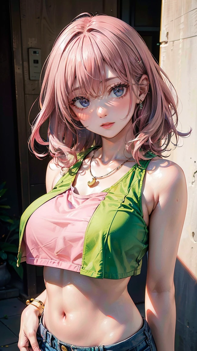 (Masterpiece, BestQuality:1.3), (ultra detailed:1.2), (hyperrealistic:1.3), (RAW photo:1.2), High detail RAW color photo, professional photograph, (Photorealistic:1.4), (realistic:1.4), (Pink Hair:1.5), professional lighting, perfect anatomy, (Big Breasts:1.2), (blush, detailed face), (A happy smile:1.7), Trending Hair&Trending Hairカラーをランダムに, earrings, necklace, bracelet, sexly, erotic sexly, Random sexy gravure poses, (A woman wearing a green crop top and shorts、ビーチでスケートボードに乗りながらA happy smileでセクシーなポーズをとっている。Pink Hairのボブヘアが揺れている。:1.3)