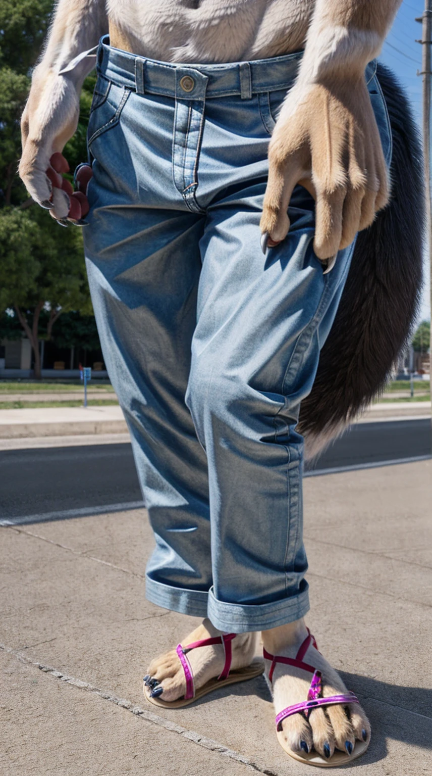Standing on the extremely hot street，Wearing cotton clothes and trousers，Chest gemstones，Skinny girl（10 years old），Wolf，off white，Perfect fingers，Feet are clawed and wear black plastic sandals，Detailed and true，High Detail，high quality，High-resolution photos，Real and perfect eyes，Detailed paw，True and delicate skin，Claws，clear visual artwork，Five finger hand，Top quality，32k，Ultra high quality，Hot weather，Hot expression，real picture，Close-up of the paws