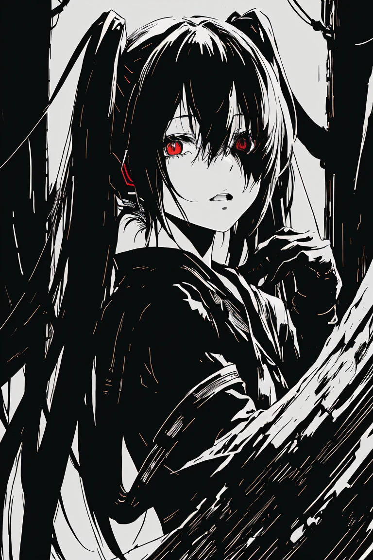 Hatsune Miku、Black Hair、Only the eyes are red、v5lcn style,Ink Art,(highest quality,Tabletop:1.2),(Black and white comic core:1.1),(extremely high contrast),Dark ink,One Girl,Shadow on face、8K,solve,high school girl,Sailor Suit,