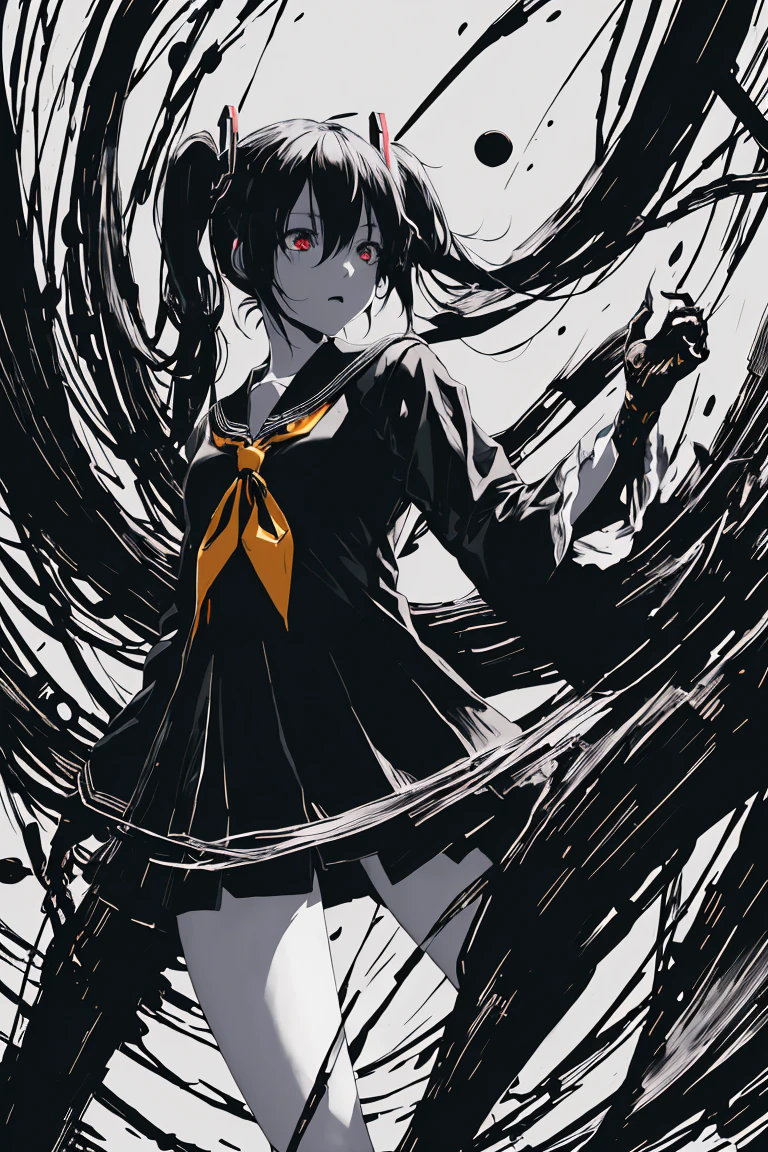 Hatsune Miku、Black Hair、Only the eyes are red、v5lcn style,Ink Art,(highest quality,Tabletop:1.2),(Black and white comic core:1.1),(extremely high contrast),Dark ink,One Girl,Shadow on face、8K,solve,high school girl,Sailor Suit,