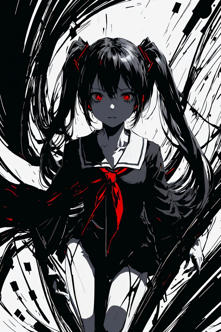 Hatsune Miku、Black Hair、Only the eyes are red、v5lcn style,Ink Art,(highest quality,Tabletop:1.2),(Black and white comic core:1.1),(extremely high contrast),Dark ink,One Girl,Shadow on face、8K,solve,high school girl,Sailor Suit,