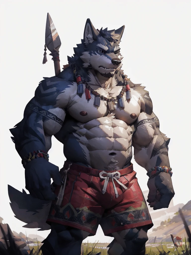 furry character,A very tall and strong wolf,His upper body was naked and his lower body was dressed in woven grass shorts,He held a spear in his hand,His body was adorned with the trappings of nomads,He has a primitive tribe totem tattooed on his body,He had a serious expression on his face,He's the chief of the tribe,The background of the picture is grassland,(black eyes:1.5),by lindong