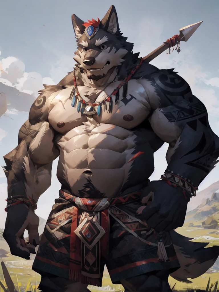 furry character,A very tall and strong wolf,His upper body was naked and his lower body was dressed in woven grass shorts,He held a spear in his hand,His body was adorned with the trappings of nomads,He has a primitive tribe totem tattooed on his body,He had a serious expression on his face,He's the chief of the tribe,The background of the picture is grassland,(black eyes:1.5),by lindong