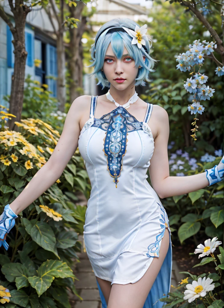 (masterpiece, best quality, 1girl, solo, yellow eyes, blue hair, black headband, intricate details, perfect eyes, chromatic aberration), realistic style, casual style, wide shot, (white blue dress:1.3), cut hair, blue highlights, hair over one eye, dress, garden, cafe, dim lighting, flower alley, full body, long legs, 