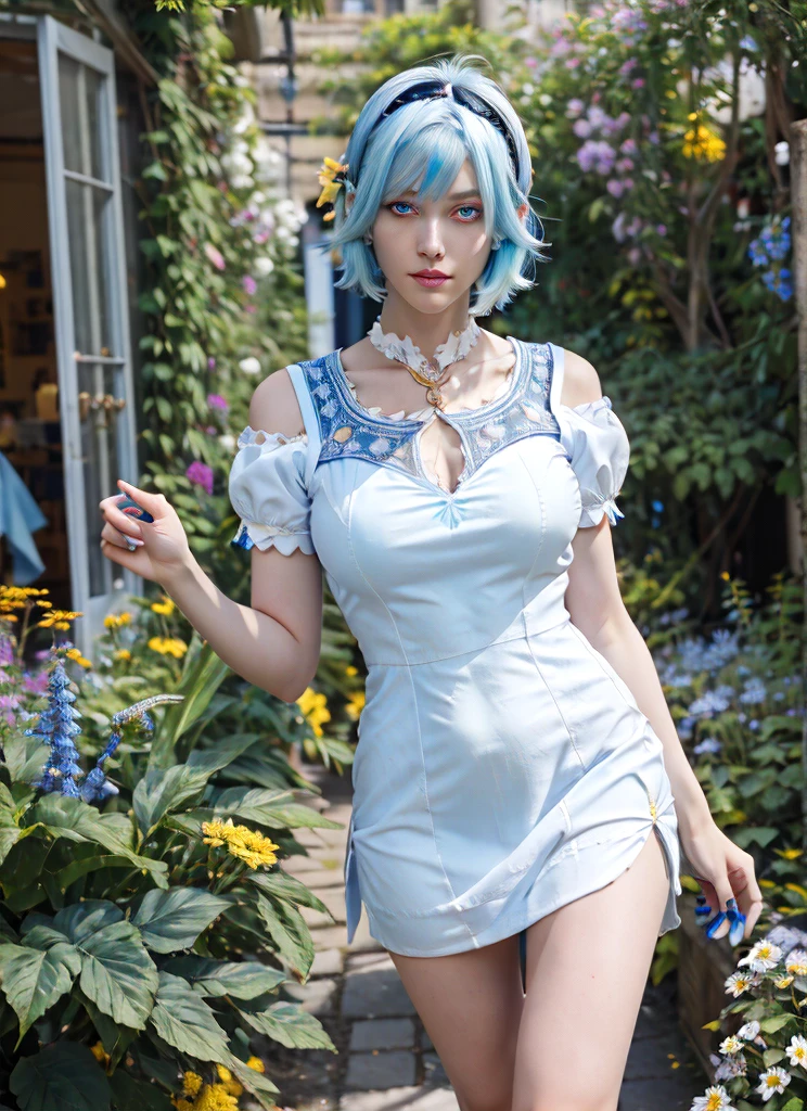 (masterpiece, best quality, 1girl, solo, yellow eyes, blue hair, black headband, intricate details, perfect eyes, chromatic aberration), realistic style, casual style, wide shot, (white blue dress:1.3), cut hair, blue highlights, hair over one eye, dress, garden, cafe, dim lighting, flower alley, full body, long legs,