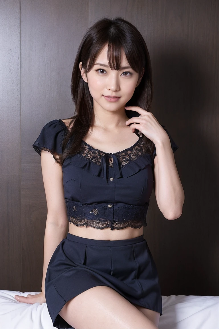 Medium display, Medium Shot, Written boundary depth, bust, Upper Body, Movie angle, masterpiece, Highest quality, Very detailed, CG, 8k wallpaper, Beautiful Face, Delicate eyes, Otome, alone, smile, bangs, skirt, shirt, have, Cobalt blue dress with gold trim, Laugh mischievously、Floral Background