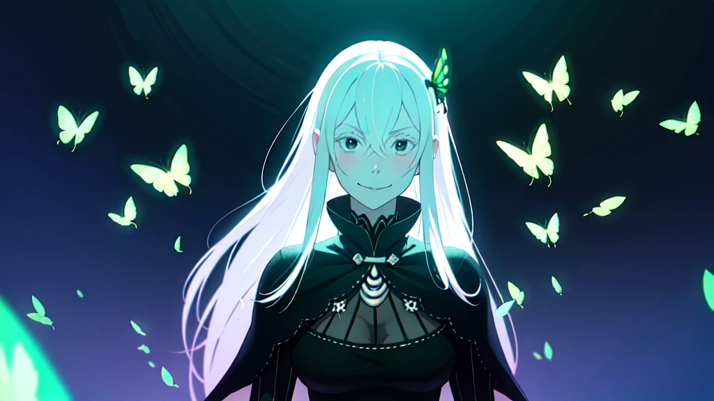 absurdres, highres, ultra detailed, echidna, brown eyes, medium breasts, butterfly hair ornament, (colored eyelashes:1.1), capelet, black dress, long sleeves, looking at viewer, evil smile, otherworldly hues, surreal landscapes, unseen light, ethereal glow, neon green glow, vibrant colors, ghostly effect, hand up
