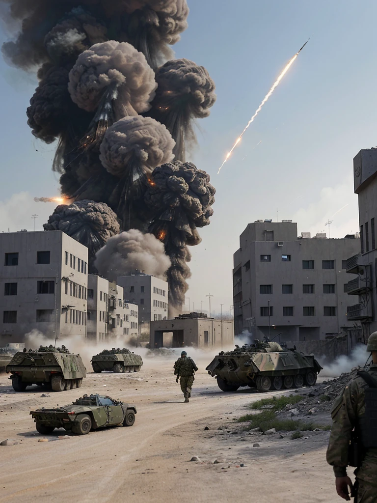 In the heart of a modern war zone, Soldiers in advanced combat gear navigate a dystopian environment, The surrounding environment is full of traces. Soldiers firing from trenches, Many soldiers running with rifles. Smoke billows in the distance,High-tech weapons and futuristic vehicles hint at an evolving nature of warfare. Many drones dropped a large number of small bombs from the air, Many explosions, Many drones flying in the sky, Surreal, Movie, 4K.
