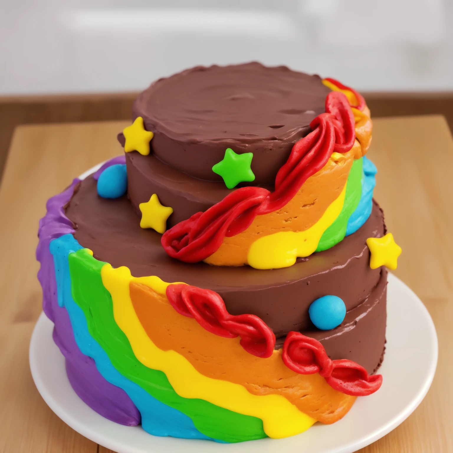 on a wooden table. there is a white plate. double tier chocolate cake ((chocolate cream texture, strokes of a pastry spatula)), rainbow cream in stitches, decorated with rainbow stars made of polymer clay, multi-colored cream on top ((cream highlights)), against the background of the kitchen, Beautiful light from the window, contour light, Multiple light sources, beautiful lighting, Bright light source, bright lighting, beautiful light sources, Multiple light sources, Realistic style , realistic texture, detailed texture, A high resolution, high quality, macro photography 