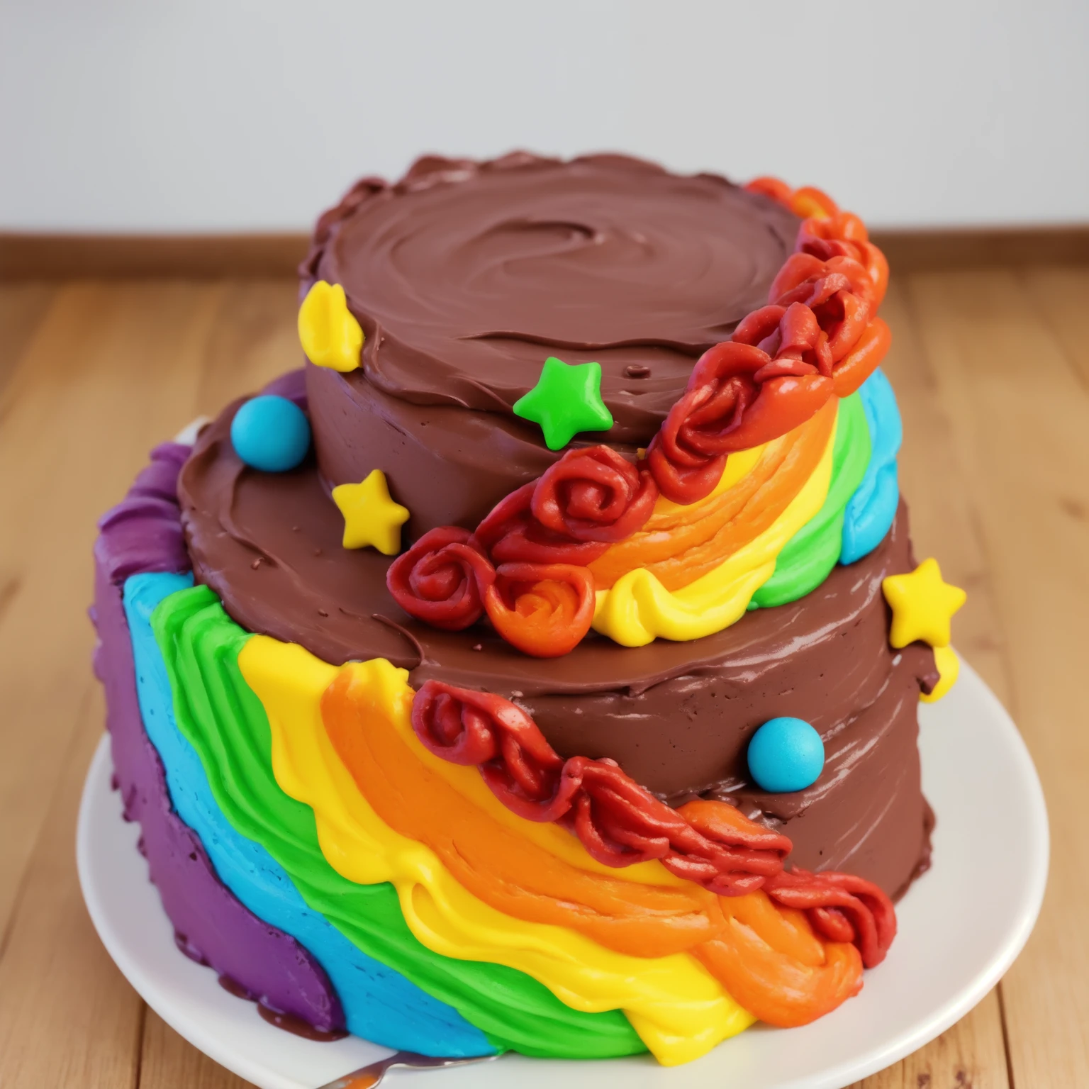 on a wooden table. there is a white plate. double tier chocolate cake ((chocolate cream texture, strokes of a pastry spatula)), rainbow cream in stitches, decorated with rainbow stars made of polymer clay, multi-colored cream on top ((cream highlights)), against the background of the kitchen, Beautiful light from the window, contour light, Multiple light sources, beautiful lighting, Bright light source, bright lighting, beautiful light sources, Multiple light sources, Realistic style , realistic texture, detailed texture, A high resolution, high quality, macro photography 