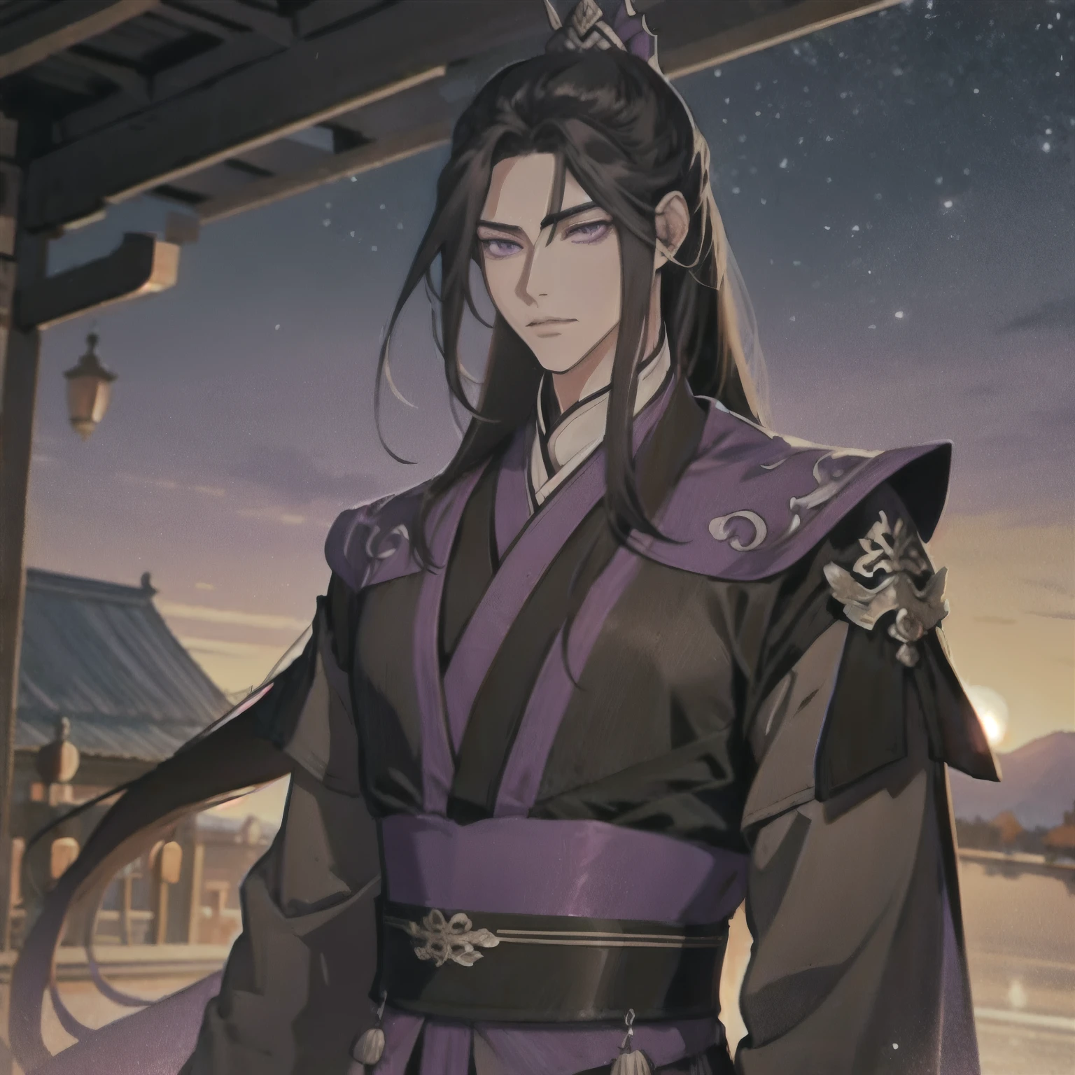 (masterpiece, best quality:1.2), 1male, solo, jiang cheng, mo dao zu shi, mdzs, purple and black clothes, purple eyes, long black hair, perfect anatomy