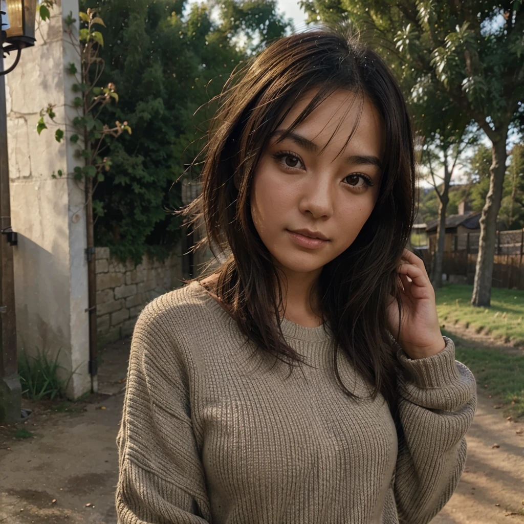 Une femme Asian , brune, Bronze, reasliste, en pull , light in the countryside