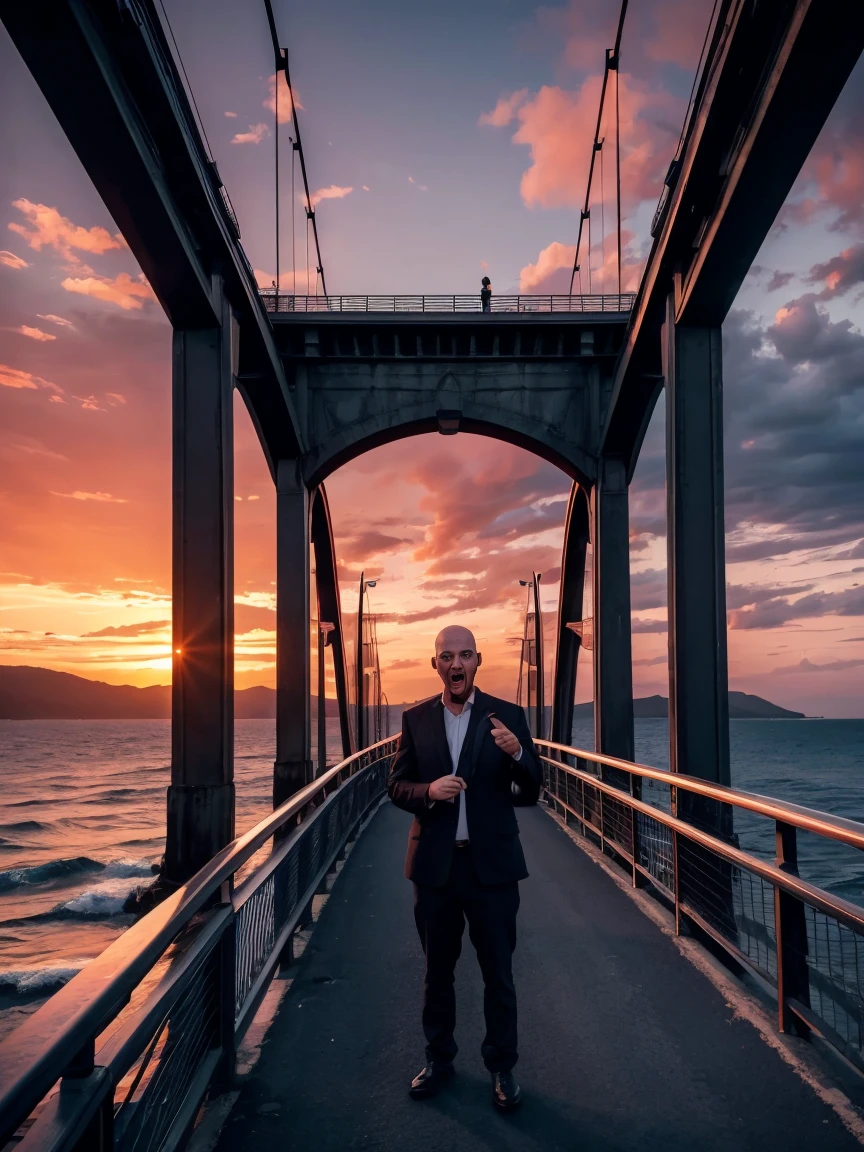 8K, photo, ultra realistic photo, foreground: 1 man, bald, dressed all in black, (hands on ears:1.3), (screaming:1.5), afraid, on a bridge over the sea, in-depth view of the bridge, under a blood-red sky,  background: two shadows in the distance, staggering against the railing of a bridge, bridge overlooking the sea roiling as if in spasm, dark blue mountains contrasting with the fiery red sky
