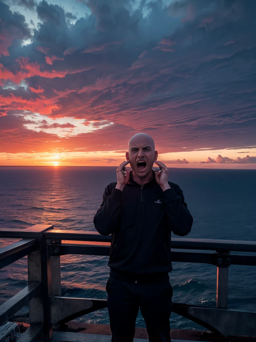 8K, photo, ultra realistic photo, foreground: 1 man, bald, dressed all in black, (hands on ears:1.3), (screaming:1.5), afraid, on a bridge over the sea, in-depth view of the bridge, under a blood-red sky,  background: two shadows in the distance, staggering against the railing of a bridge, bridge overlooking the sea roiling as if in spasm, dark blue mountains contrasting with the fiery red sky
