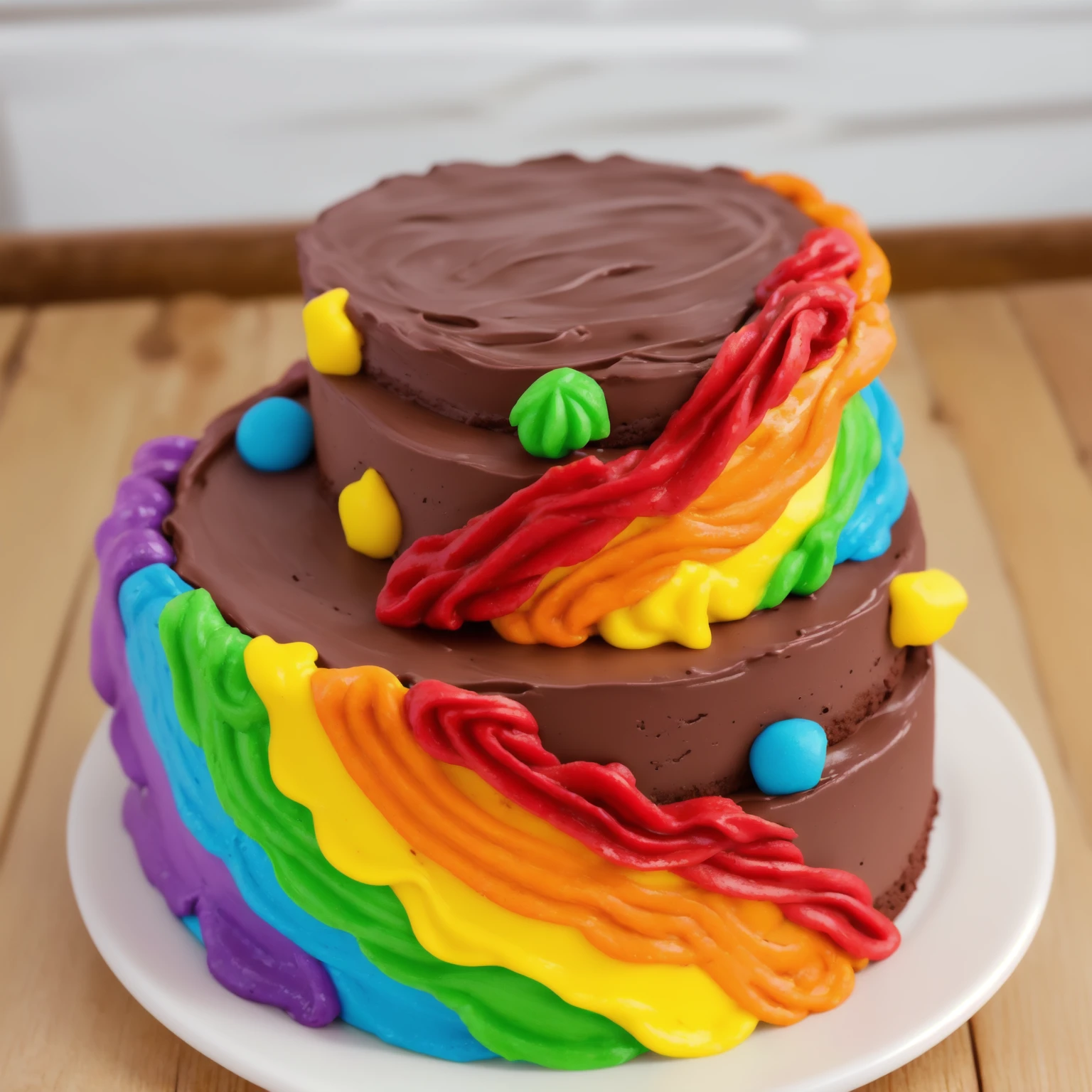 on a wooden table. there is a white plate. double tier chocolate cake ((chocolate cream texture, strokes of a pastry spatula)), rainbow cream in stitches, decorated with rainbow stars made of polymer clay, multi-colored cream on top ((cream highlights)), against the background of the kitchen, Beautiful light from the window, contour light, Multiple light sources, beautiful lighting, Bright light source, bright lighting, beautiful light sources, Multiple light sources, Realistic style , realistic texture, detailed texture, A high resolution, high quality, macro photography 