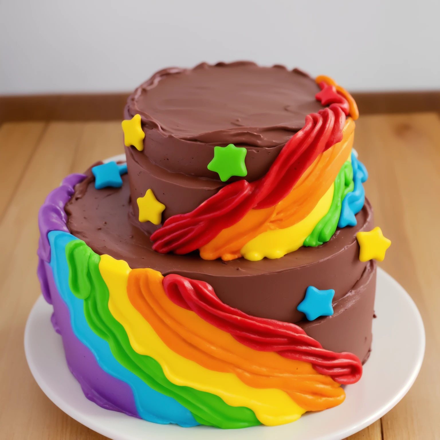 on a wooden table. there is a white plate. double tier chocolate cake ((chocolate cream texture, strokes of a pastry spatula)), rainbow cream in stitches, decorated with rainbow stars made of polymer clay, multi-colored cream on top ((cream highlights)), against the background of the kitchen, Beautiful light from the window, contour light, Multiple light sources, beautiful lighting, Bright light source, bright lighting, beautiful light sources, Multiple light sources, Realistic style , realistic texture, detailed texture, A high resolution, high quality, macro photography