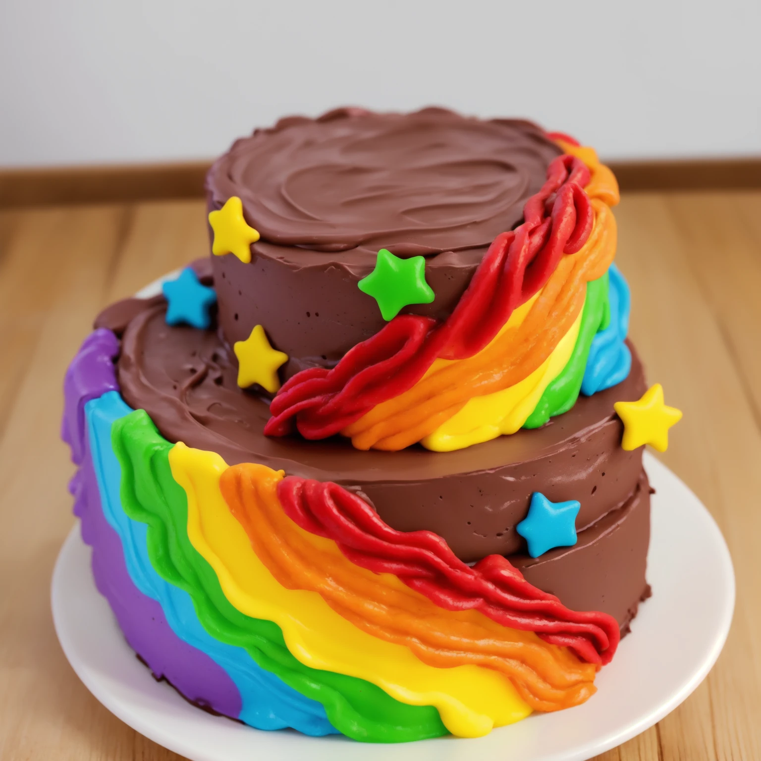 on a wooden table. there is a white plate. double tier chocolate cake ((chocolate cream texture, strokes of a pastry spatula)), rainbow cream in stitches, decorated with rainbow stars made of polymer clay, multi-colored cream on top ((cream highlights)), against the background of the kitchen, Beautiful light from the window, contour light, Multiple light sources, beautiful lighting, Bright light source, bright lighting, beautiful light sources, Multiple light sources, Realistic style , realistic texture, detailed texture, A high resolution, high quality, macro photography