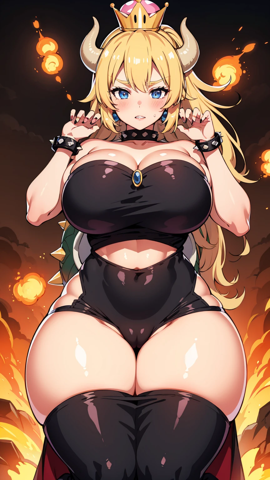 best quality, high resolution, large breasts, blonde hair, blush, embarrassed, cowboy shot, looking at viewer, bowsette, pink lip, (((gigantic breasts))), in a volcano with lava